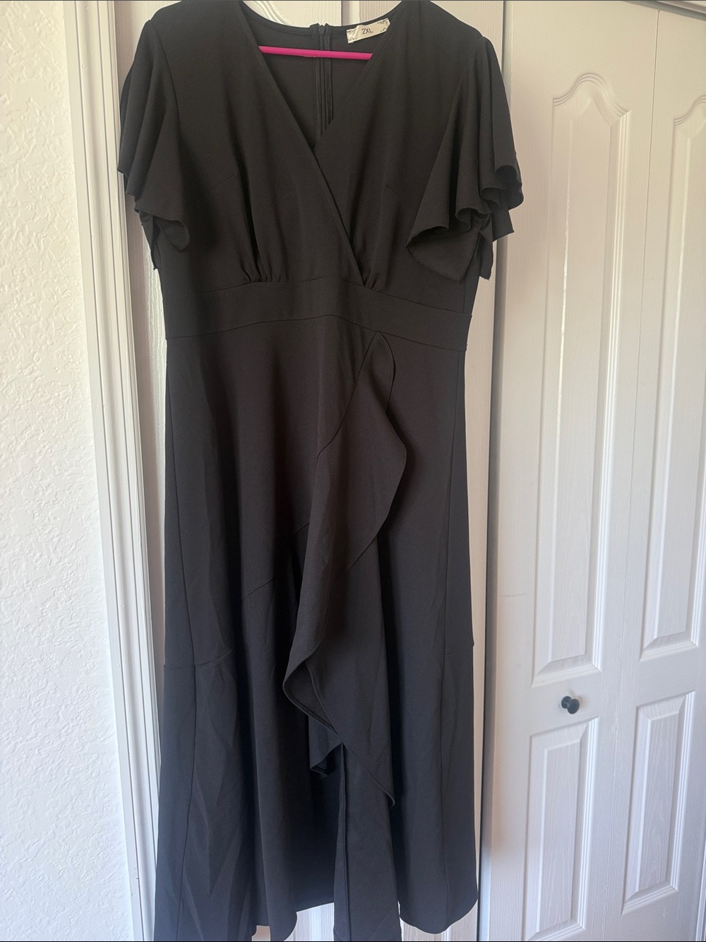 Black Flutter Sleeve Wrap Dress - Size